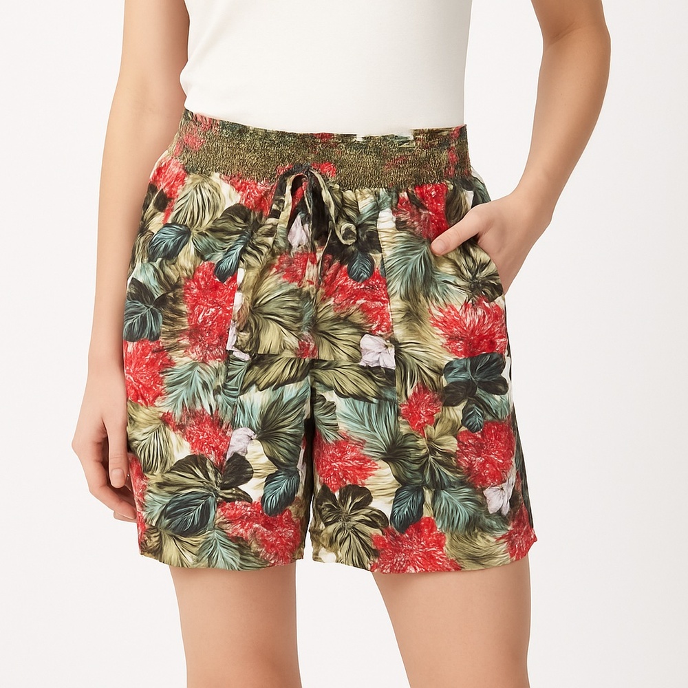 Westbound Linen Blend Tropical Floral Palm Shorts Red Green Size M